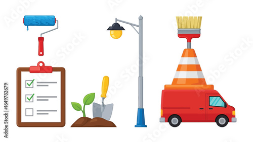 Construction Essentials: A vibrant collection of tools and symbols, symbolizing a range of construction and maintenance tasks. Capturing essential gear for building, improvement, and street upkeep.