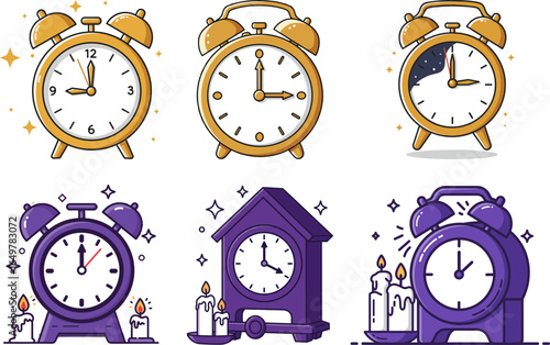 Colorful alarm clocks in flat style on white background