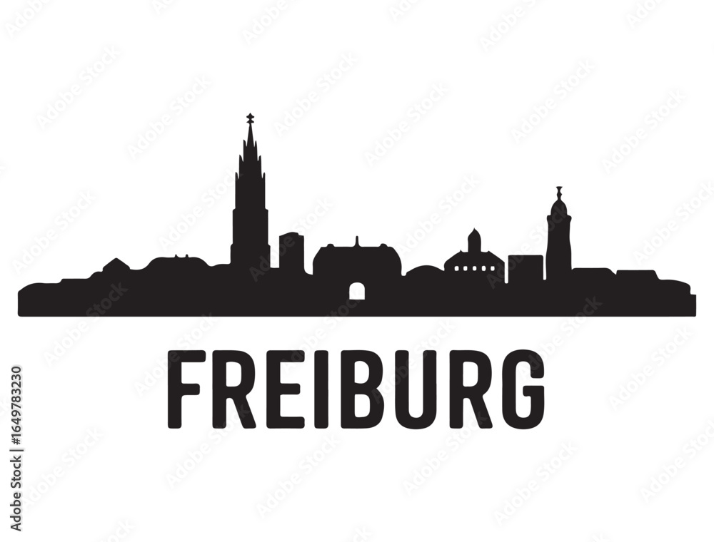 Fototapeta premium Freiburg skyline silhouette. Black Freiburg city. Vector black silhouette. with white background