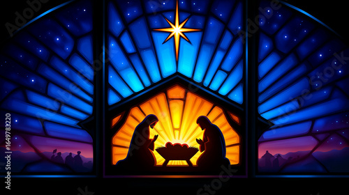 Vibrant Stained Glass Nativity Scene with Holy Family Christmas Design