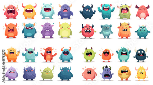 Bright and funny monster characters in bold colors. Cartoon fantasy creatures illustration set with expressive emotions for games, design, and kids projects.