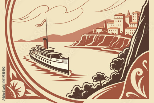 Vintage steamship approaching mediterranean coastal town with stylized scenery