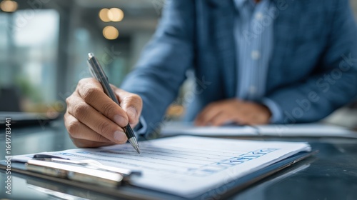 Close up of a person's hand meticulously filling out a checklist form with a pen on a clipboard in an office setting