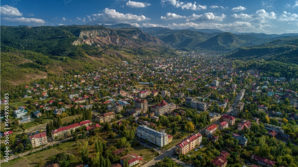 Fototapeta premium Vibrant Exalted Aerial Perspective of Khust's Colorful Residential District Surrounded by Mountains and Greenery