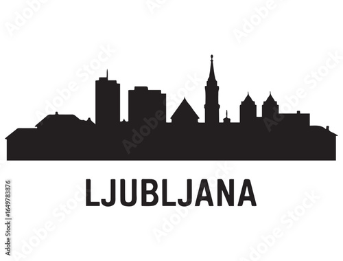 Panoramic View of Downtown Ljubljana Skyline. Ljubljana city black silhouette skyscrapers and buildings. Long cityscape. Vector black silhouette. with white background