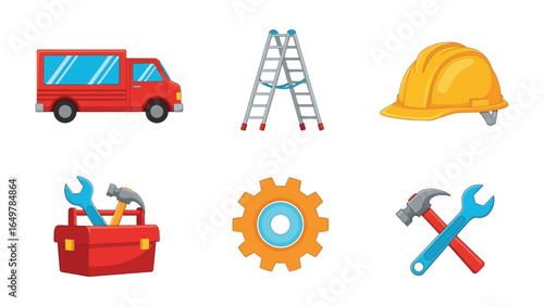 Construction tools: The image depicts a set of essential construction tools, presented in a colorful, illustrative style suitable for various industrial and design purposes.