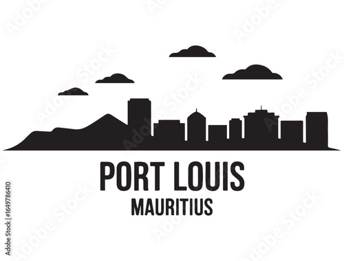 Port Louis skyline horizontal banner. Port Louis, Mauritius. Vector template for your design. Vector black silhouette. with white background