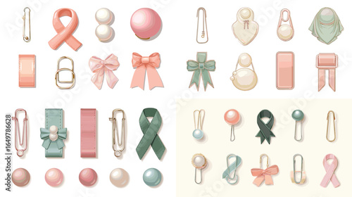Elegant illustration of ribbons, bows, pins, and brooches in pastel colors. Perfect for accessories, fashion design, and decoration elements.