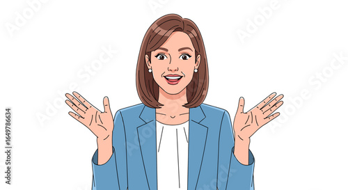 Excited businesswoman with open arms, depicted in a cartoon style.