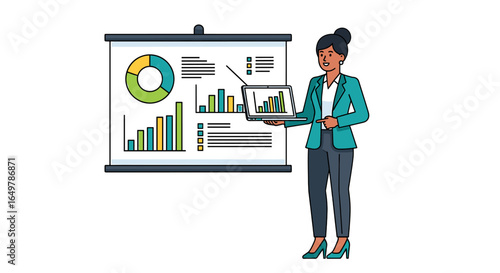 Businesswoman presenting financial data using a laptop and projector screen.