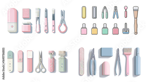 Cute pastel illustration set of manicure and nail care tools including scissors, clippers, files, and polish bottles. Perfect for beauty, spa, and self-care concepts.