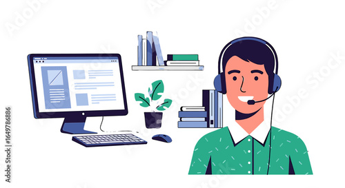 Illustration of a man with a headset working at a computer, surrounded by office supplies and a plant.