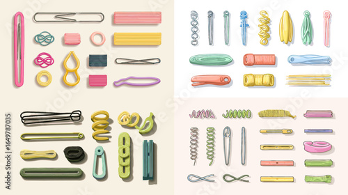 Colorful illustration of hair accessories including clips, pins, and barrettes. Perfect for fashion design, beauty tools, and hairstyle decoration concepts.