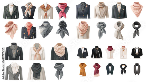 Modern illustration of scarf fashion styles combined with jackets and coats. Perfect for fashion catalog, clothing accessories, and stylish outfit design.