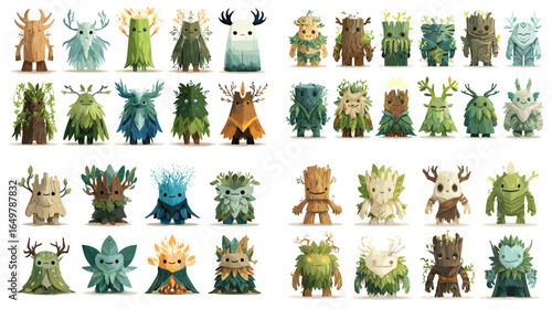 Whimsical illustration set of magical forest creatures with antlers, leaves, and wooden textures. Ideal for fantasy art, game character design, and storytelling.