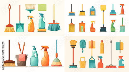 Colorful flat illustration of household cleaning supplies including brooms, mops, spray bottles, and detergents. Perfect for hygiene, cleaning, and housework themes.