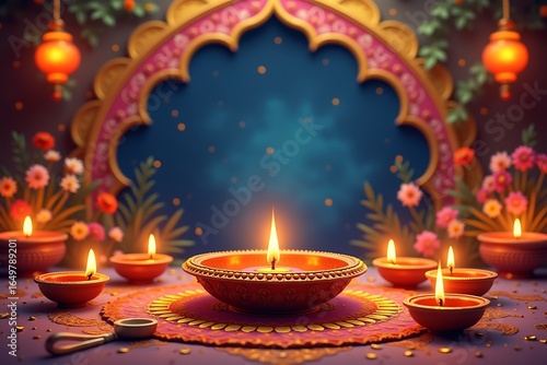 Diwali festival of lights with traditional oil lamps and floral decorations