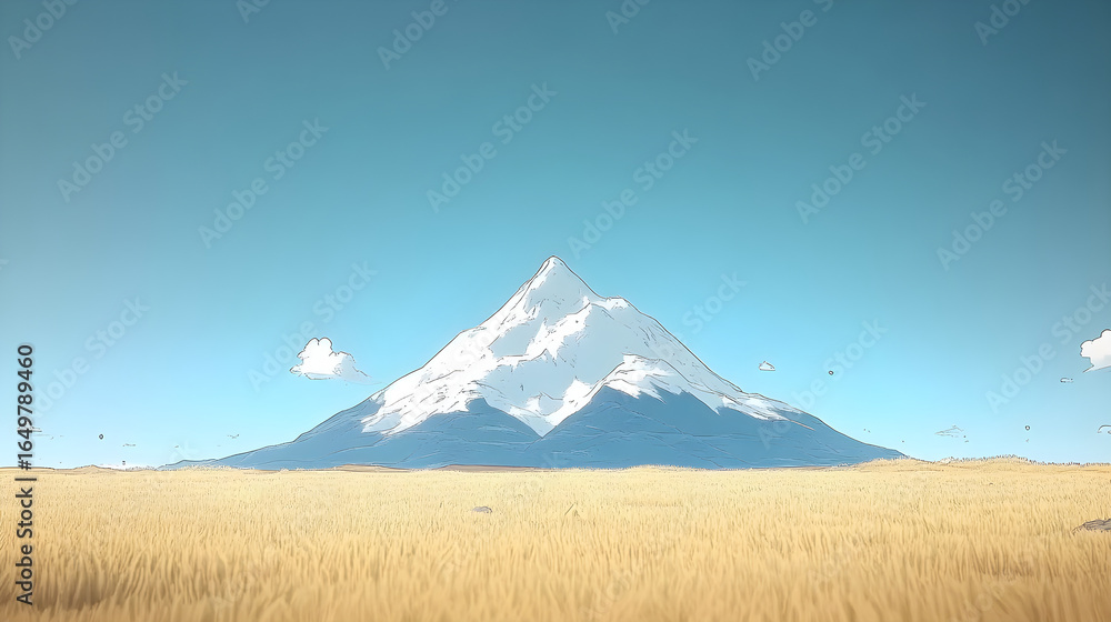Fototapeta premium A serene vista featuring a snow capped mountain under a clear blue sky with golden fields below