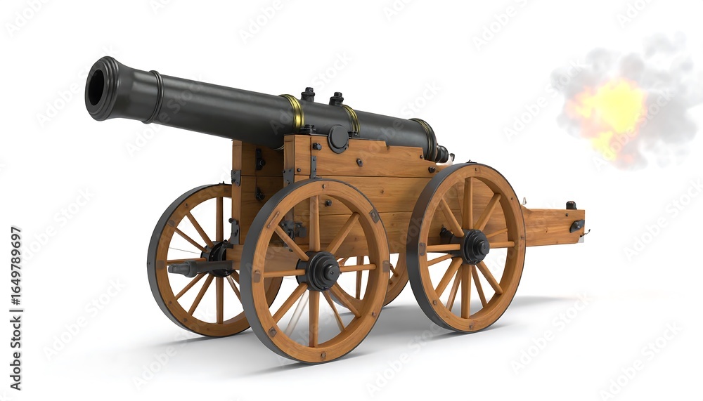 Fototapeta premium Wooden cannon with black barrel firing on a white background.