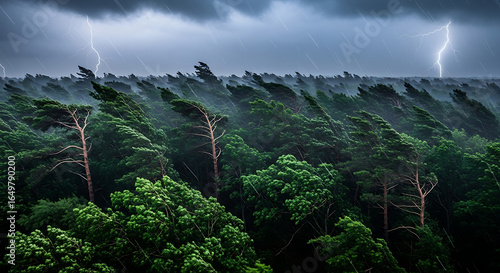 A forest of trees bending in the wind with lightning strikes in the background during a storm weather ai generated