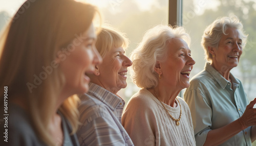 Elderly women smiling together while sitting by large window indoors  