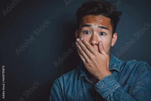 Fearful Asian Man Covering His Mouth, Expressing Shock and Emotion in a Moment of Surprise