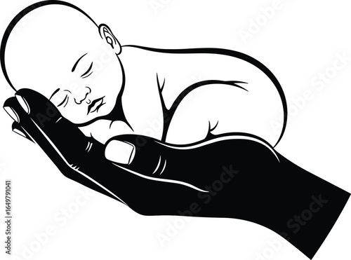 Black and white vector illustration, baby sleeping in hand, peaceful pose, nurturing care, protection, emotional bond, minimalist design, caregiver support, love