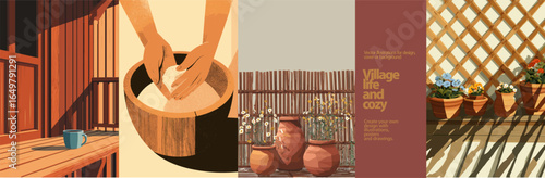 Cozy village life vector illustrations with wooden porch and coffee cup, bread making, clay pots with flowers, and sunny terrace. Warm rustic countryside home atmosphere.
