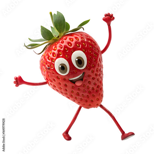 Happy dancing strawberry character with cartoon eyes isolated on transparent background