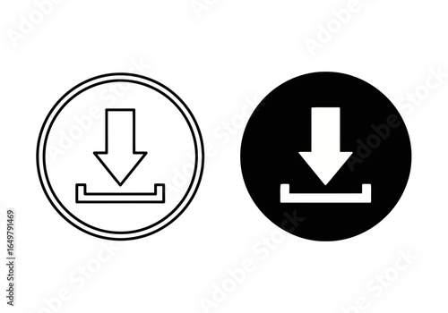 Vector art of download icon with arrow pointing down inside a circle, in outline and solid black versions isolated on white background