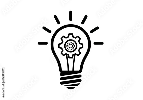 Vector art of lightbulb with a gear inside symbolizing innovation and creative ideas, isolated on white background