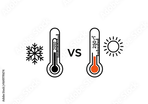 Vector art of comparison of cold and hot temperatures shown by thermometers, with a snowflake and sun symbol, isolated on white background