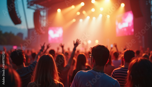 Crowd enjoying a concert with raised hands under colorful lights  