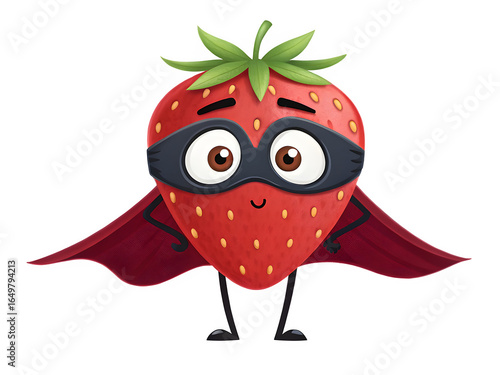Cute cartoon superhero strawberry character with a cape and mask isolated on transparent background