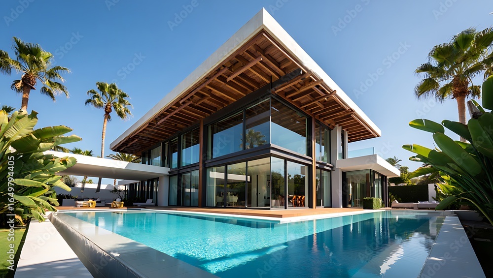 Fototapeta premium Modern luxury villa with infinity pool and tropical gardens