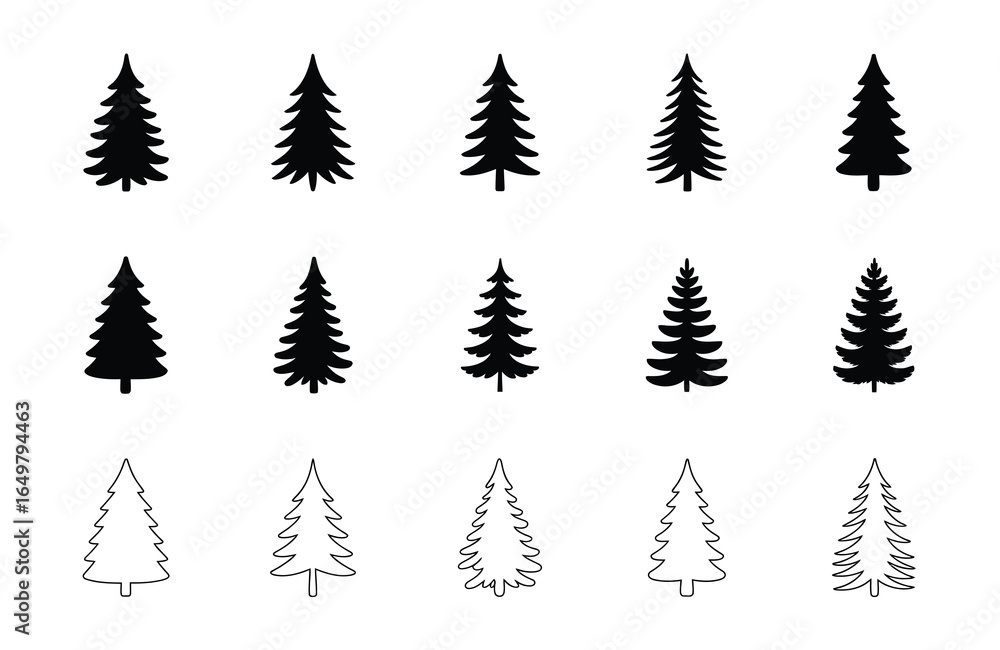 Fototapeta premium Collection of Pine Tree Silhouettes and Outlines fir tree