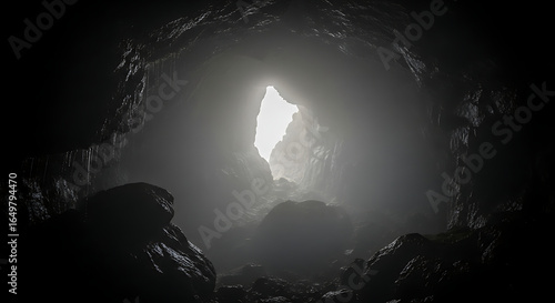 A dark cave with a bright opening at the end revealing a misty and rocky landscape outside the cave ai generated