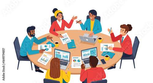 Diverse business team seated around a table, engaged in a collaborative meeting, reviewing data and documents.