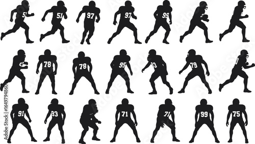 American football players silhouette, team formation, sports action poses, helmeted athletes, running and defense, football game, competitive players, teamwork