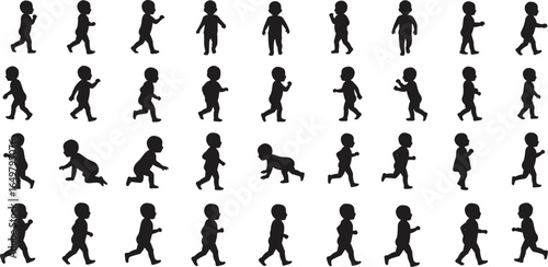 Baby silhouette walking, crawling, toddler development stages, child growth, cute infant, childhood milestones, baby movement, silhouette set, black and white