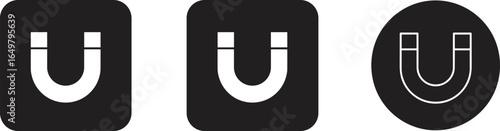 Black and white magnet icon, horseshoe magnet symbol, magnetic force illustration, attraction concept, science technology, magnetic field design, simple vector graphic