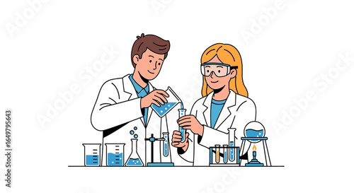 Two scientists are conducting an experiment, pouring blue liquid into a test tube in a laboratory setting.