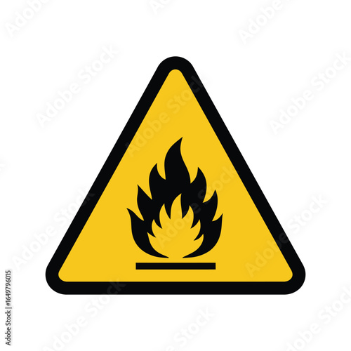Yellow triangular warning sign with black flame symbol indicating flammable hazard