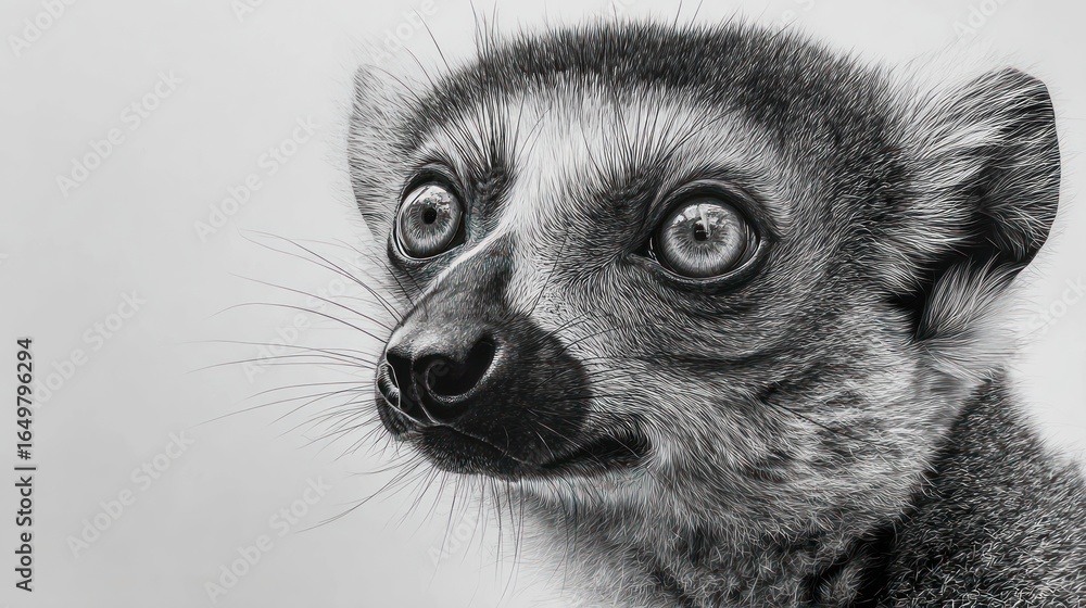 Fototapeta premium Black and white portrait of a lemur with large, expressive eyes looking upward to the right