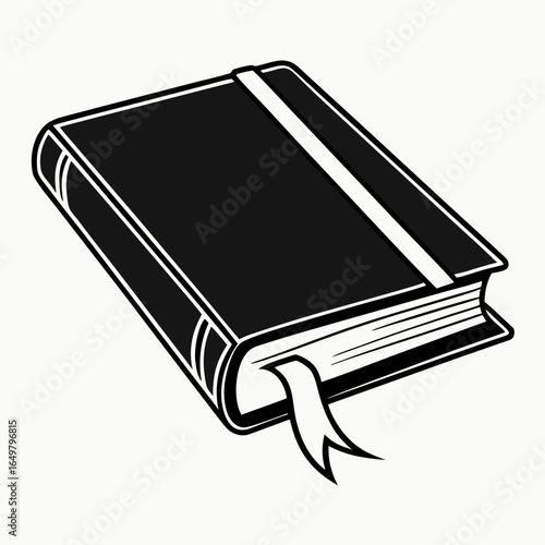 A black silhouette of a closed notebook with a bookmark isolated on white background