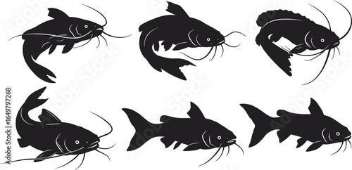Catfish silhouettes in various poses, black freshwater fish icons, aquatic animal shapes, vector illustration, isolated whiskered fish design elements