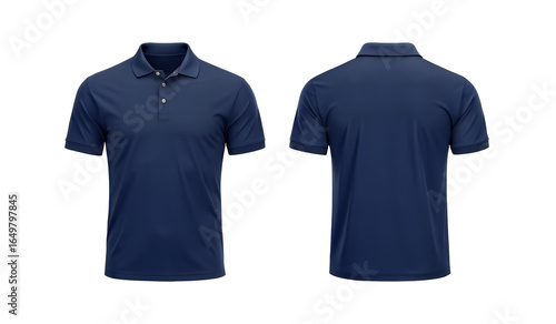 Navy blue polo shirt front and back mockup on transparent background