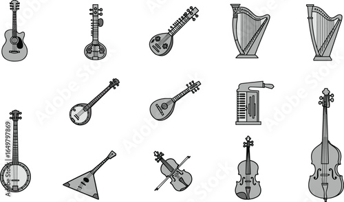 Collection of traditional musical instruments illustrations, including guitar, banjo, mandolin, harp, accordion, violin, balalaika, and double bass