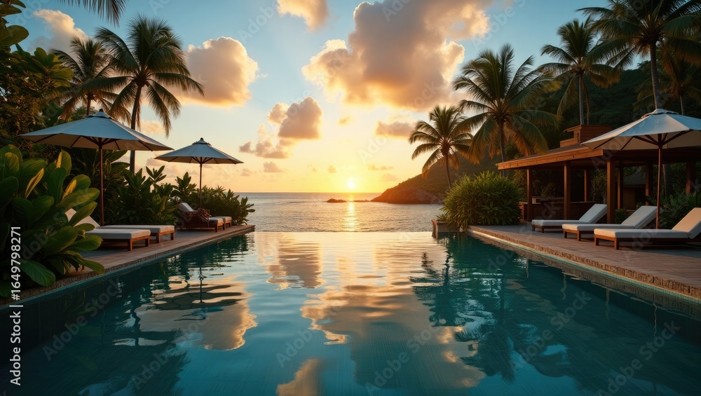 Obraz premium Tranquil infinity pool overlooking a tropical sunset.