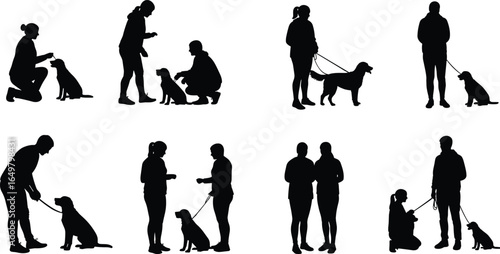 Dog training silhouette set, pet obedience illustration, people with dogs vector, leash training, animal behavior, dog commands, black silhouettes collection